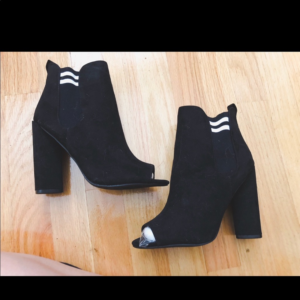 Black Faux Suede Double Gore Peep Toe Booties